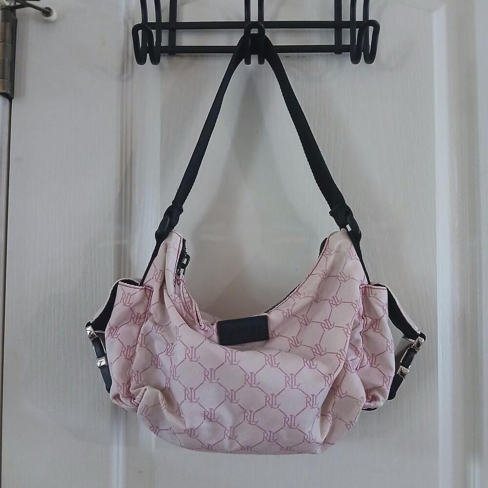 Vintage Y2K Lauren Ralph Lauren Pink Monogram Hobo Bag Utility Buckle Pockets